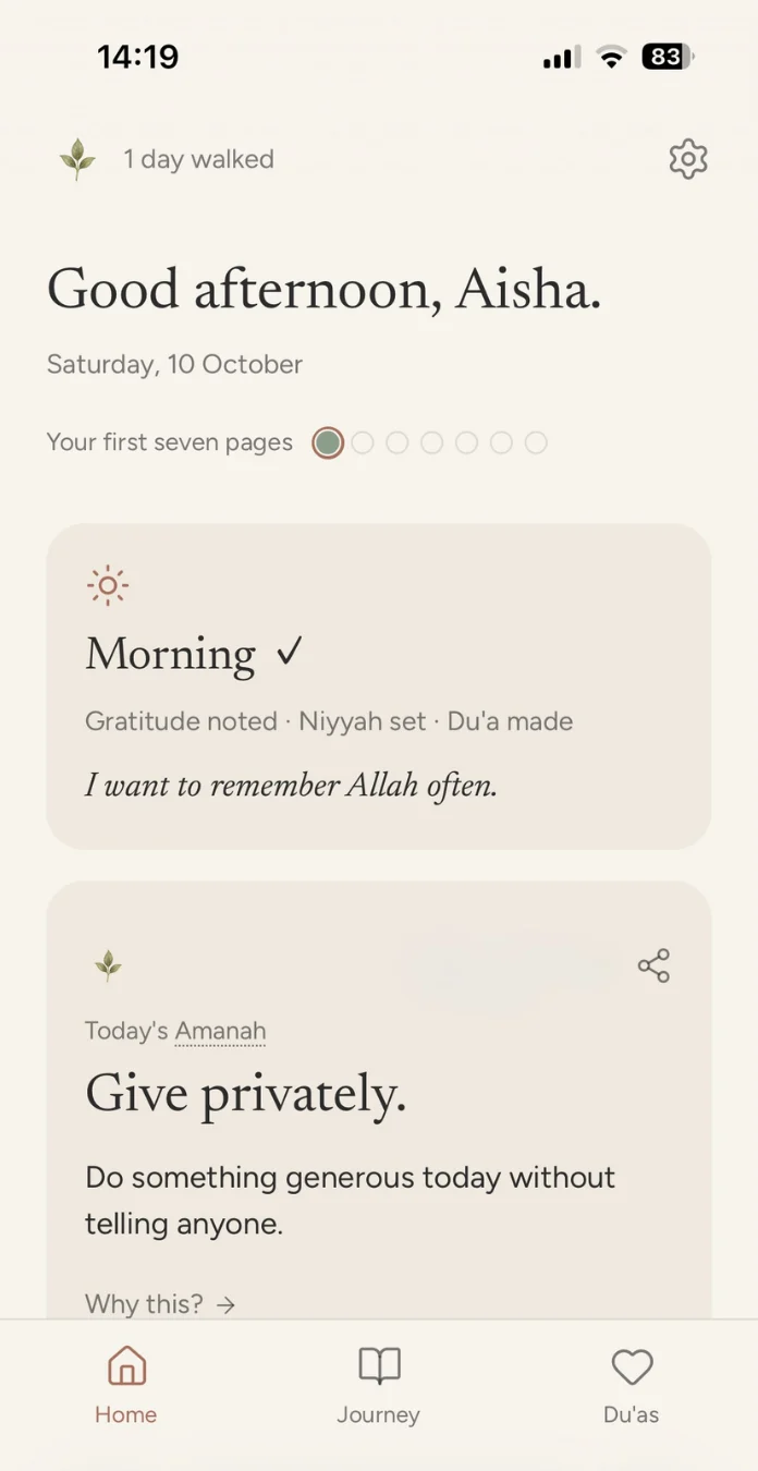 The Barakah Journey app home screen: Good afternoon, Aisha, with the morning check-in and today's Amanah