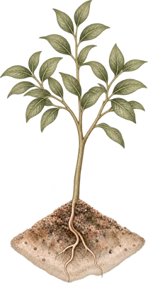 A young tree with branching leaves and deep roots